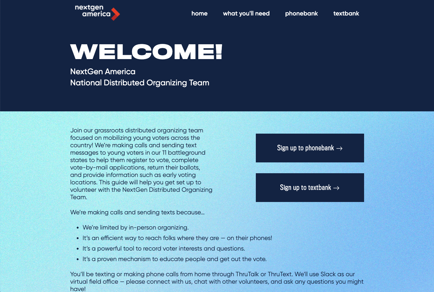 Screenshot of organizing.nextgenamerica.org, which is where volunteers onboard with the NextGen America Distributed Organizing Team