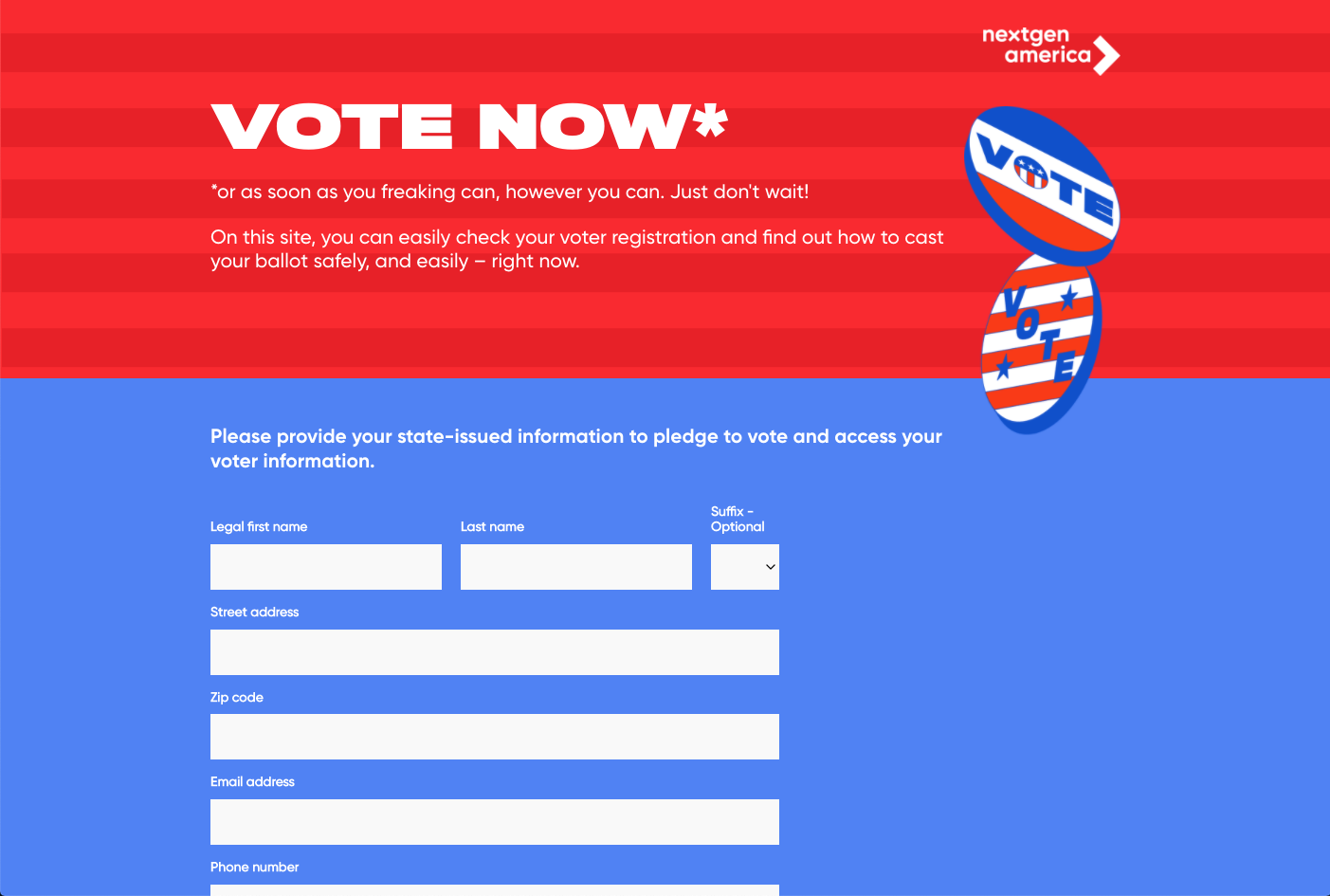 Screenshot of voterightnow.com, a site that allows people to check their voter registration status and receive information about their state-specific voting options